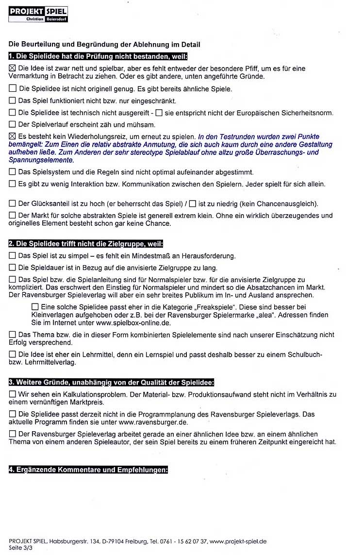 Spielevorschlag: Pr&uuml;fbericht 1 von Projekt-Spiel